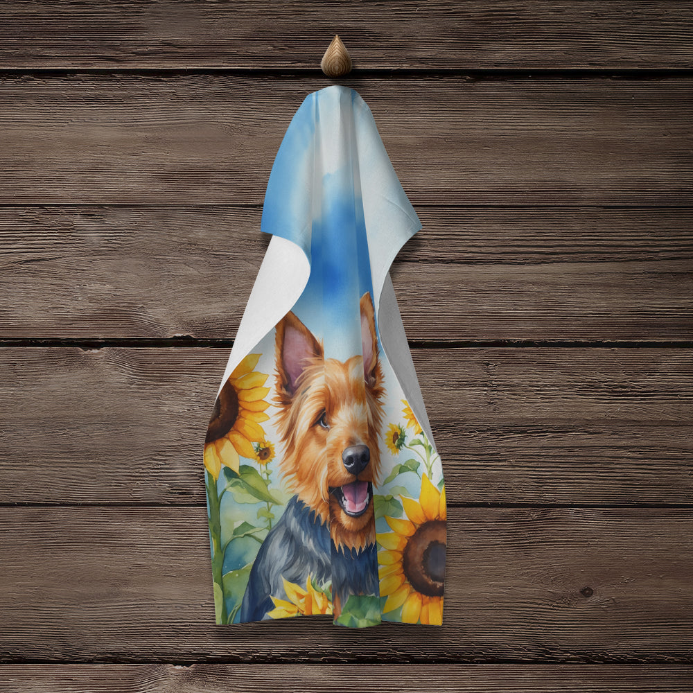 Australian Terrier in Sunflowers Kitchen Towel Velour Plush Front and Cotton Loop Back Machine Washable
