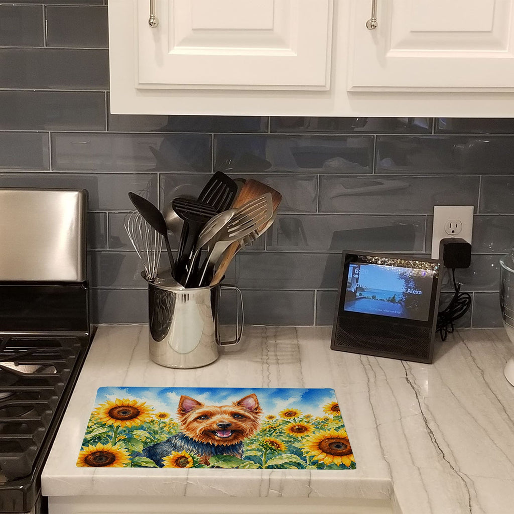 Australian Terrier in Sunflowers Cutting Board Tempered Glass Kitchen Cutting Surface, Heat Resistant Chopping Board with Non-Slip Feet, Decorative Food Prep & Serving