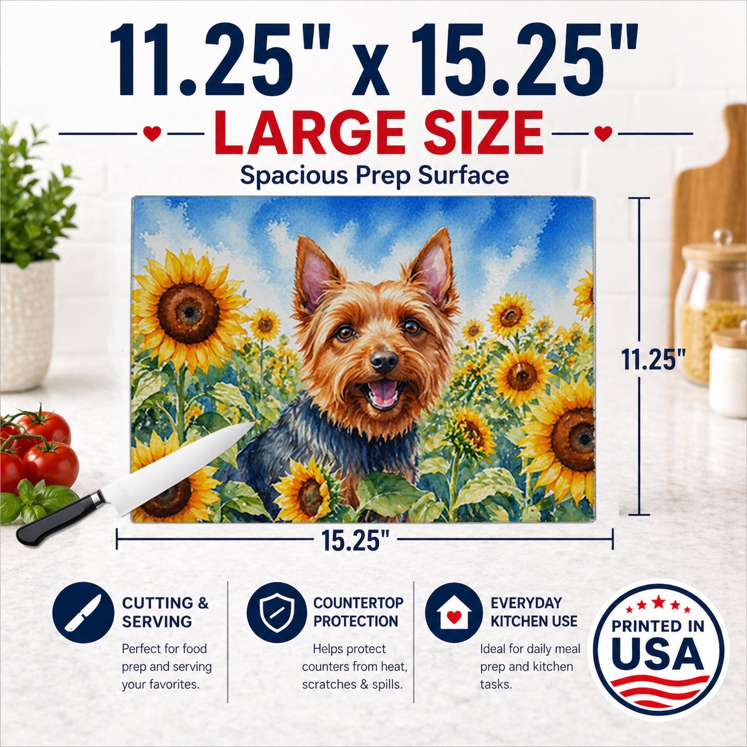 Australian Terrier in Sunflowers Cutting Board Tempered Glass Kitchen Cutting Surface, Heat Resistant Chopping Board with Non-Slip Feet, Decorative Food Prep & Serving