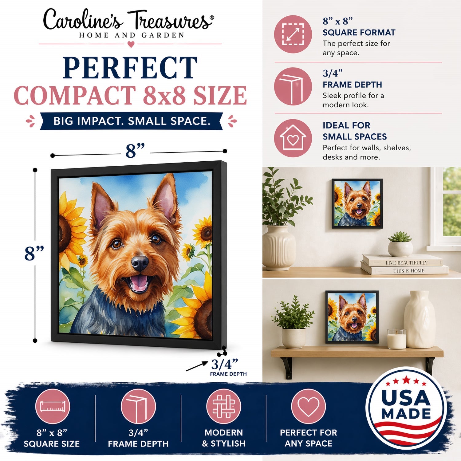 Australian Terrier in Sunflowers Framed Metal Print Bathroom, Kitchen, Office, Home Decor Wall Art Ready to Hang, Square, 8X8