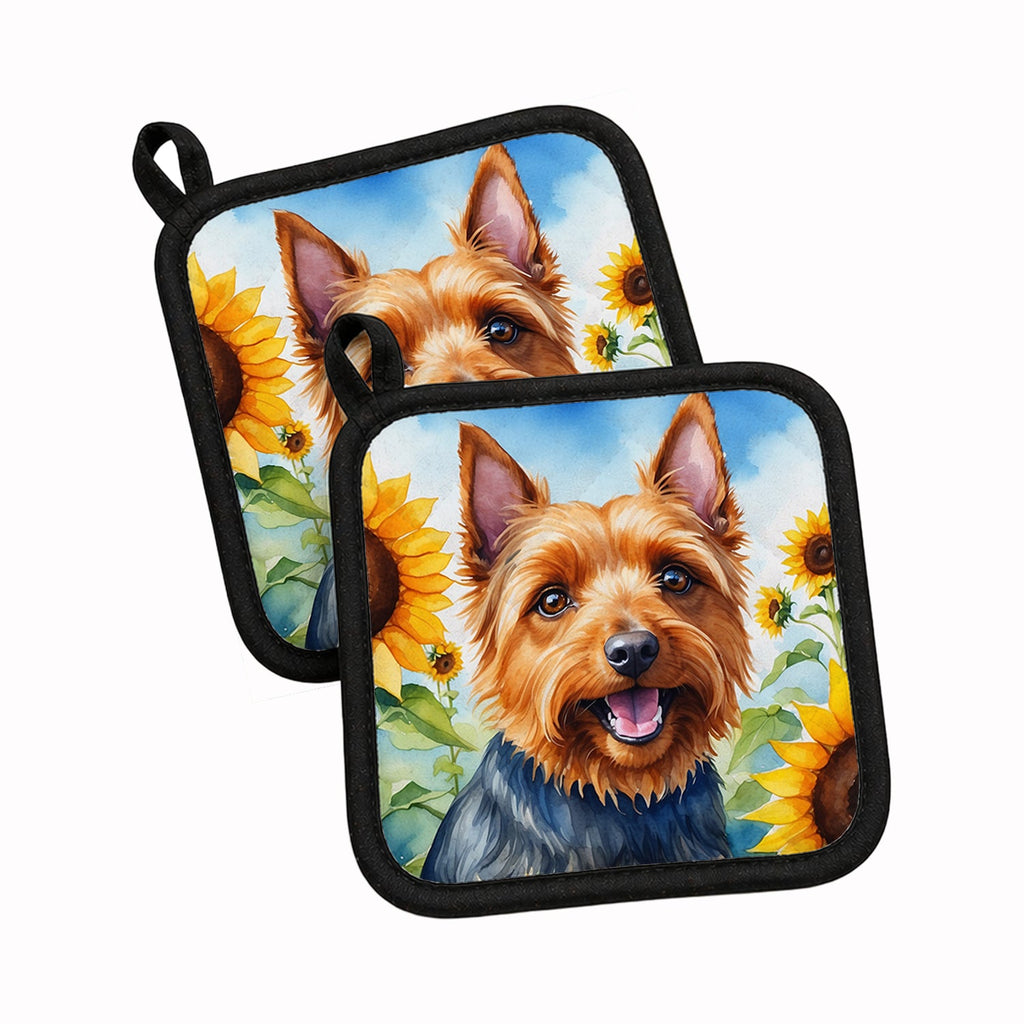 Australian Terrier in Sunflowers Pot Holder Set of 2 Heat Resistant Quilted Hot Pads 7.5 x 7.5 Inch, Insulated Kitchen Trivets for Cooking & Baking
