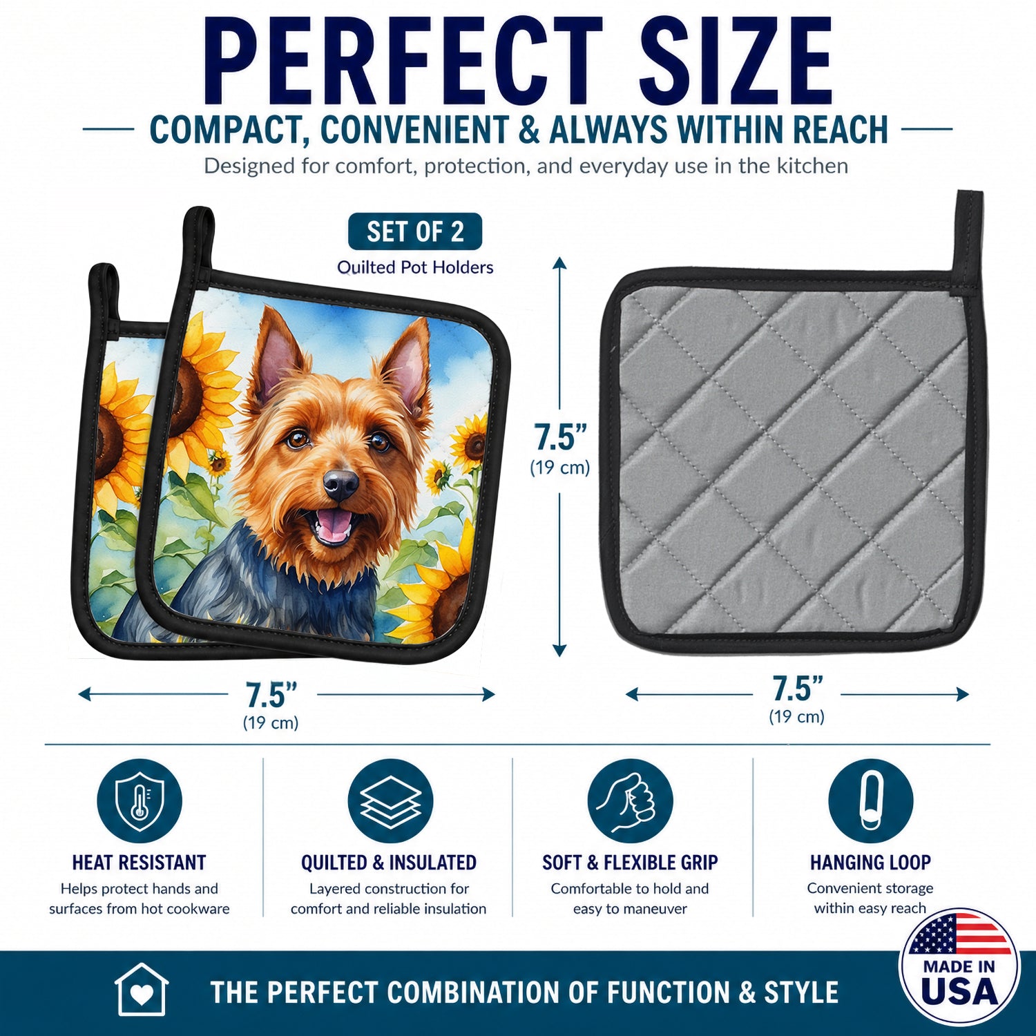 Australian Terrier in Sunflowers Pot Holder Set of 2 Heat Resistant Quilted Hot Pads 7.5 x 7.5 Inch, Insulated Kitchen Trivets for Cooking & Baking