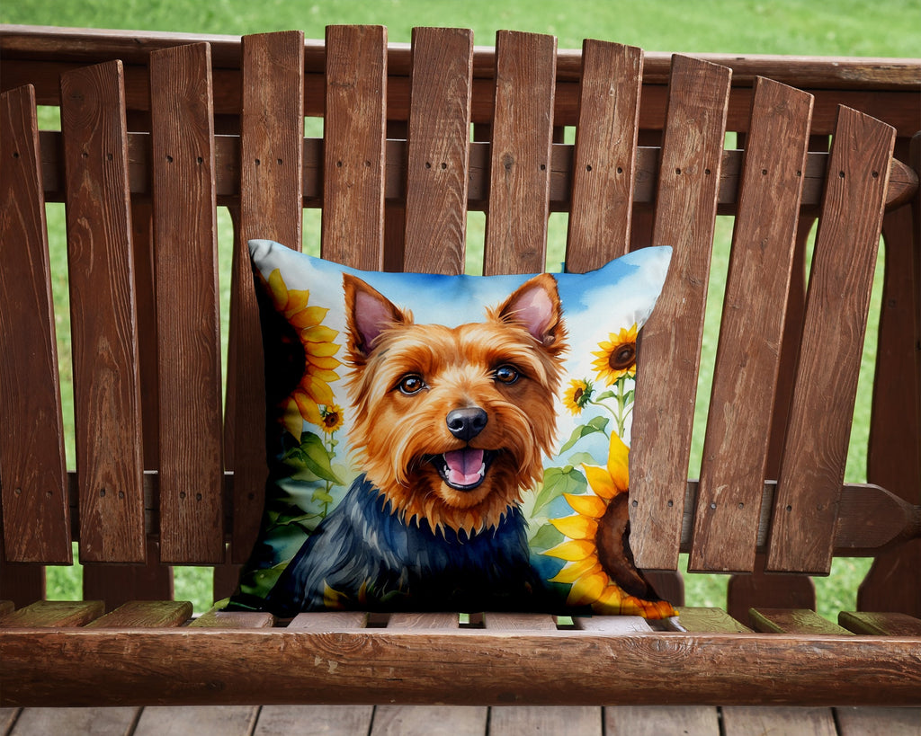 Australian Terrier in Sunflowers Decorative Throw Pillow 14x14 Indoor Outdoor Accent Cushion, Fabric Cover with Insert for Sofa, Bed, Porch & Living Room