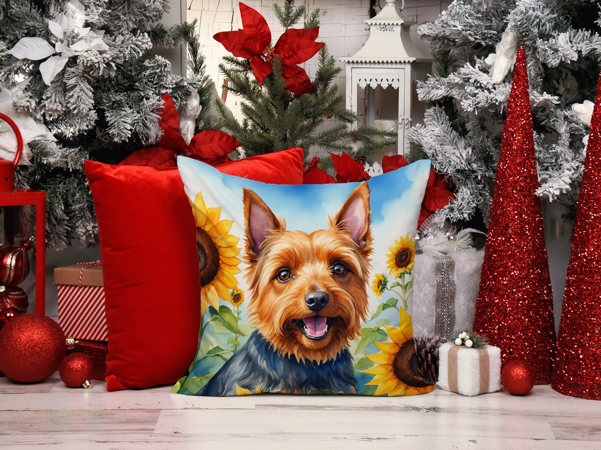 Australian Terrier in Sunflowers Decorative Throw Pillow 14x14 Indoor Outdoor Accent Cushion, Fabric Cover with Insert for Sofa, Bed, Porch & Living Room