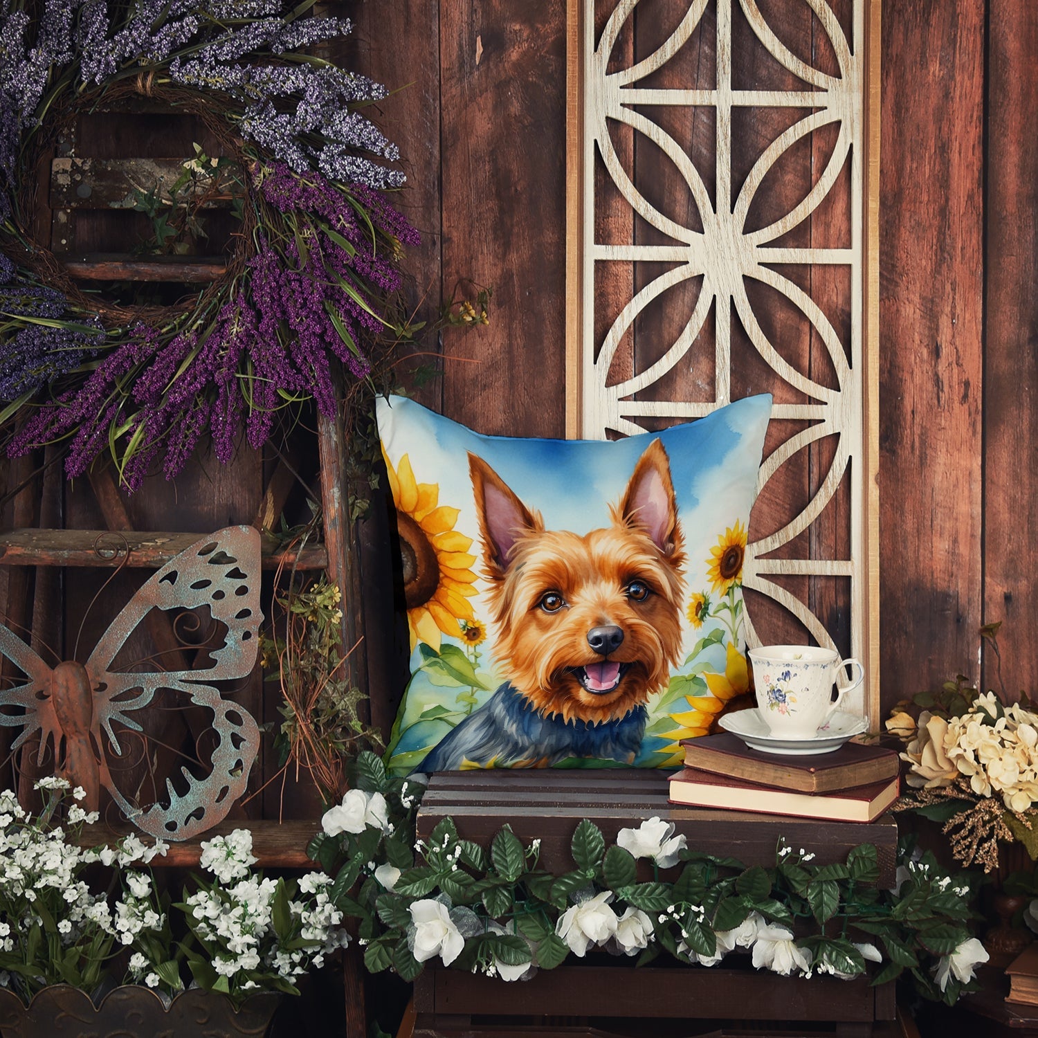 Australian Terrier in Sunflowers Decorative Throw Pillow 18x18 Indoor Outdoor Accent Cushion, Fabric Cover with Insert for Sofa, Bed, Porch & Living Room