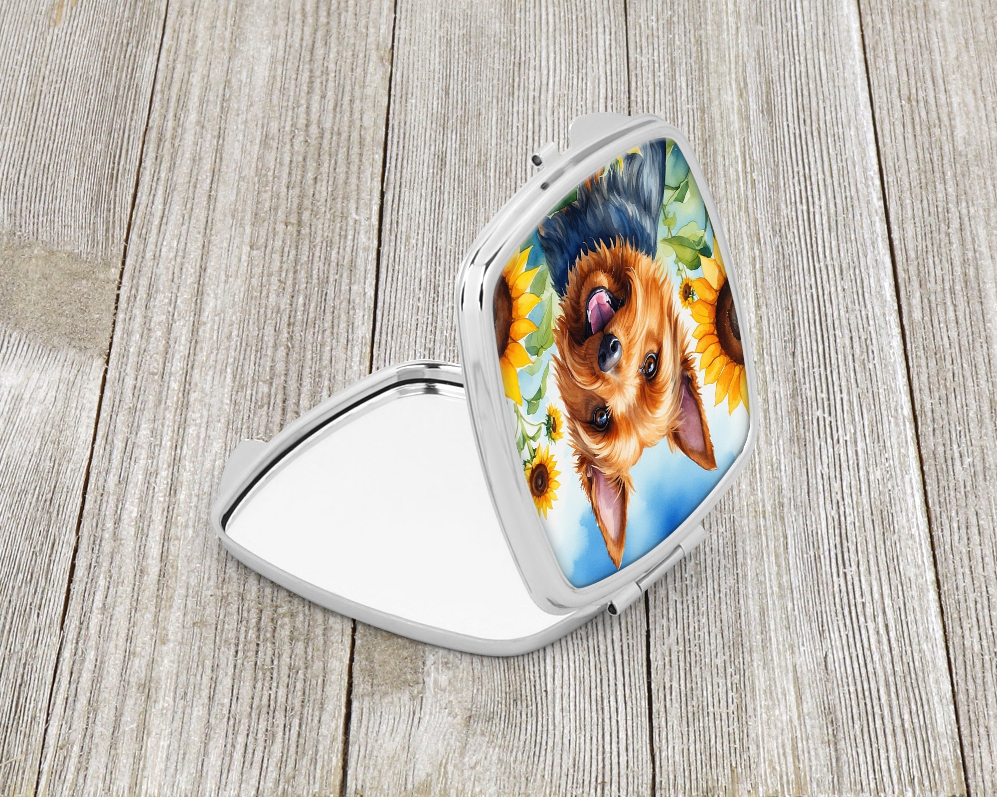 Australian Terrier in Sunflowers Compact Mirror Decorative Travel Makeup Mirror for Women Girls Gifts Pocket Makeup Mirror Folding Handheld