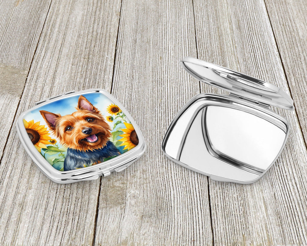 Australian Terrier in Sunflowers Compact Mirror Decorative Travel Makeup Mirror for Women Girls Gifts Pocket Makeup Mirror Folding Handheld