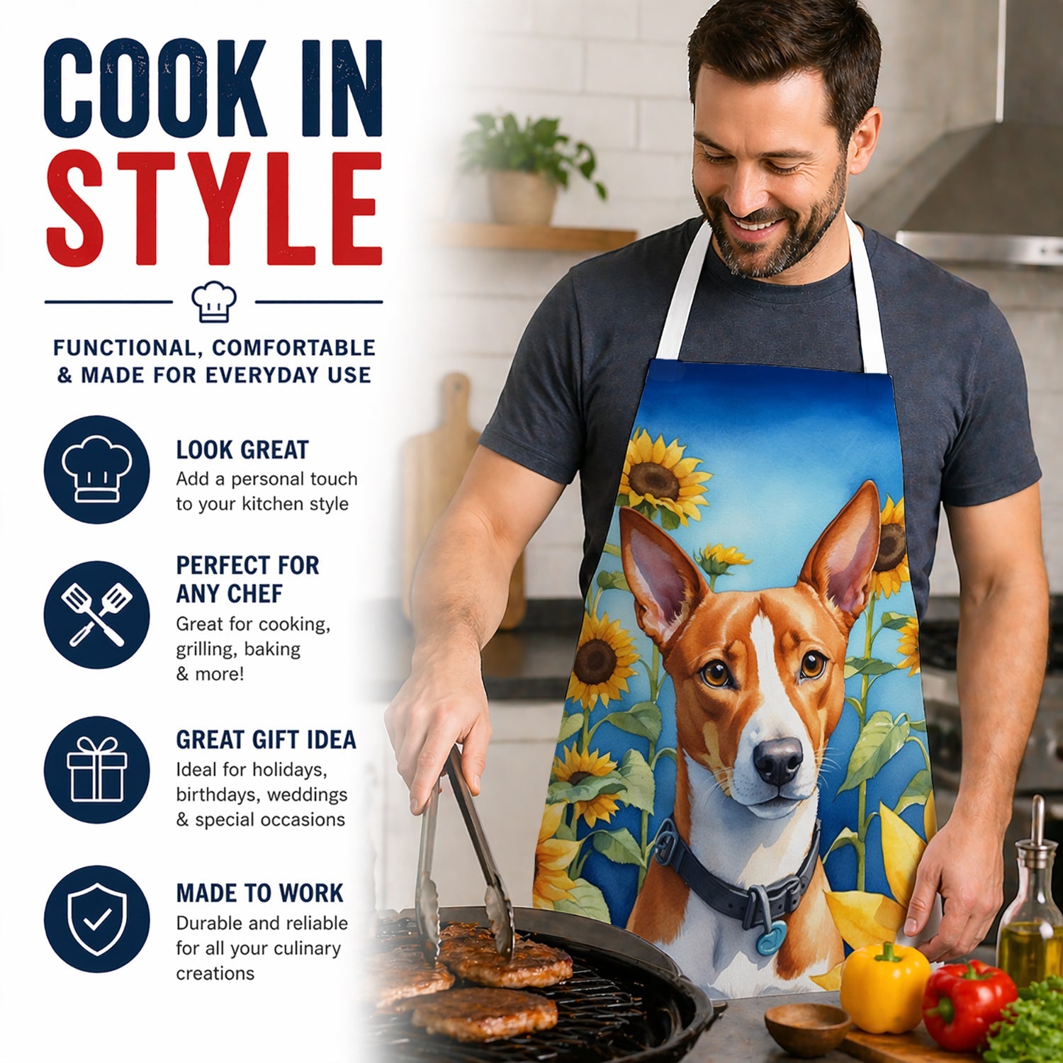 Basenji in Sunflowers Apron Cooking Kitchen Server Baking Crafts Gardening for Adult Women Men, Unisex, Large, Multicolor