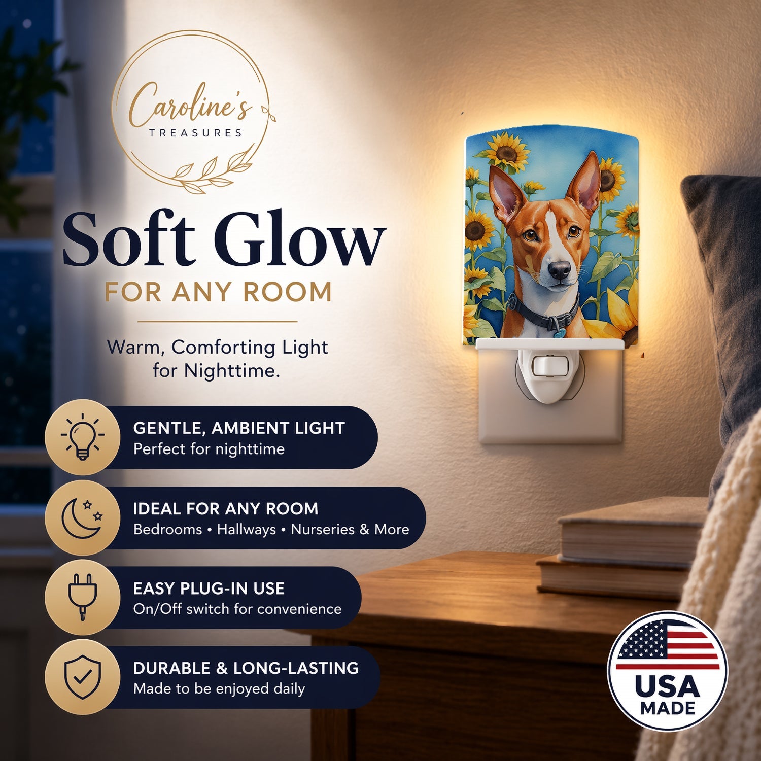 Basenji in Sunflowers Ceramic Night Light Compact, UL-Certified, Ideal for Bedroom, Bathroom, Nursery, Hallway, Kitchen, 6x4x3, Multicolor