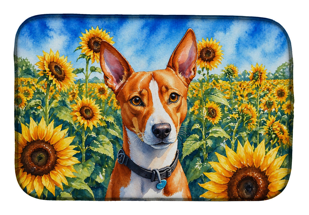 Basenji in Sunflowers Dish Drying Mat Absorbent Dish Drying Mat Pad for Kitchen Counter Dish Drainer Mat for Countertop, 14 x 21", Multicolor