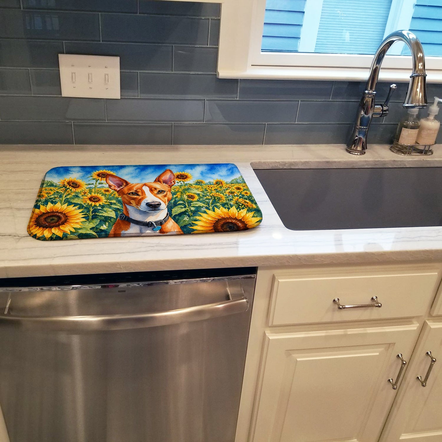 Basenji in Sunflowers Dish Drying Mat Absorbent Dish Drying Mat Pad for Kitchen Counter Dish Drainer Mat for Countertop, 14 x 21", Multicolor