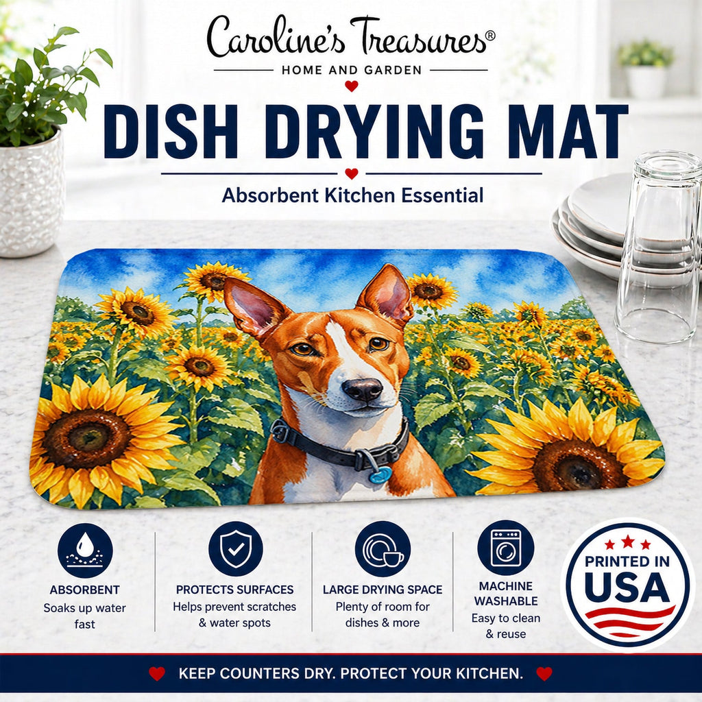 Basenji in Sunflowers Dish Drying Mat Absorbent Dish Drying Mat Pad for Kitchen Counter Dish Drainer Mat for Countertop, 14 x 21", Multicolor