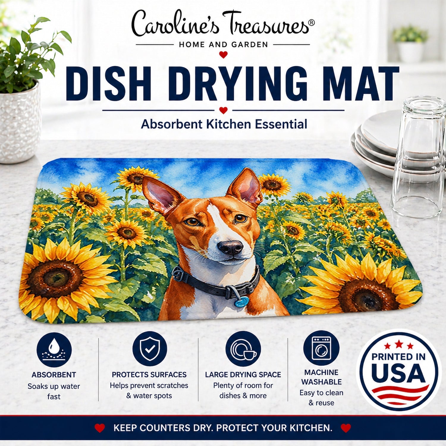 Basenji in Sunflowers Dish Drying Mat Absorbent Dish Drying Mat Pad for Kitchen Counter Dish Drainer Mat for Countertop, 14 x 21", Multicolor
