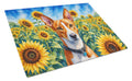 Basenji in Sunflowers Cutting Board Tempered Glass Kitchen Cutting Surface, Heat Resistant Chopping Board with Non-Slip Feet, Decorative Food Prep & Serving