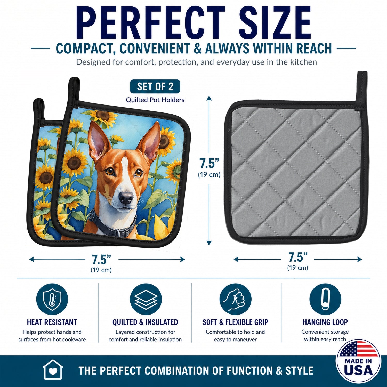 Basenji in Sunflowers Pot Holder Set of 2 Heat Resistant Quilted Hot Pads 7.5 x 7.5 Inch, Insulated Kitchen Trivets for Cooking & Baking