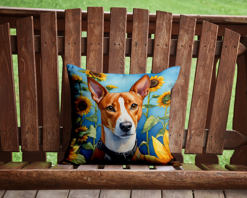 Basenji in Sunflowers Decorative Throw Pillow 14x14 Indoor Outdoor Accent Cushion, Fabric Cover with Insert for Sofa, Bed, Porch & Living Room