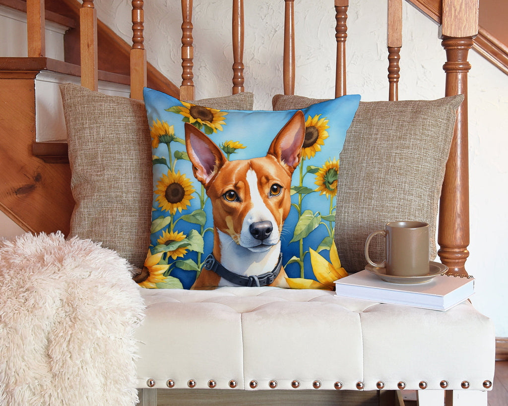 Basenji in Sunflowers Decorative Throw Pillow 14x14 Indoor Outdoor Accent Cushion, Fabric Cover with Insert for Sofa, Bed, Porch & Living Room