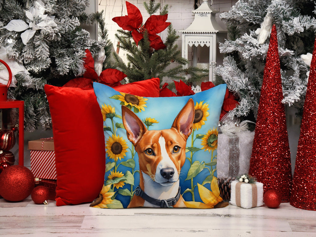 Basenji in Sunflowers Decorative Throw Pillow 14x14 Indoor Outdoor Accent Cushion, Fabric Cover with Insert for Sofa, Bed, Porch & Living Room