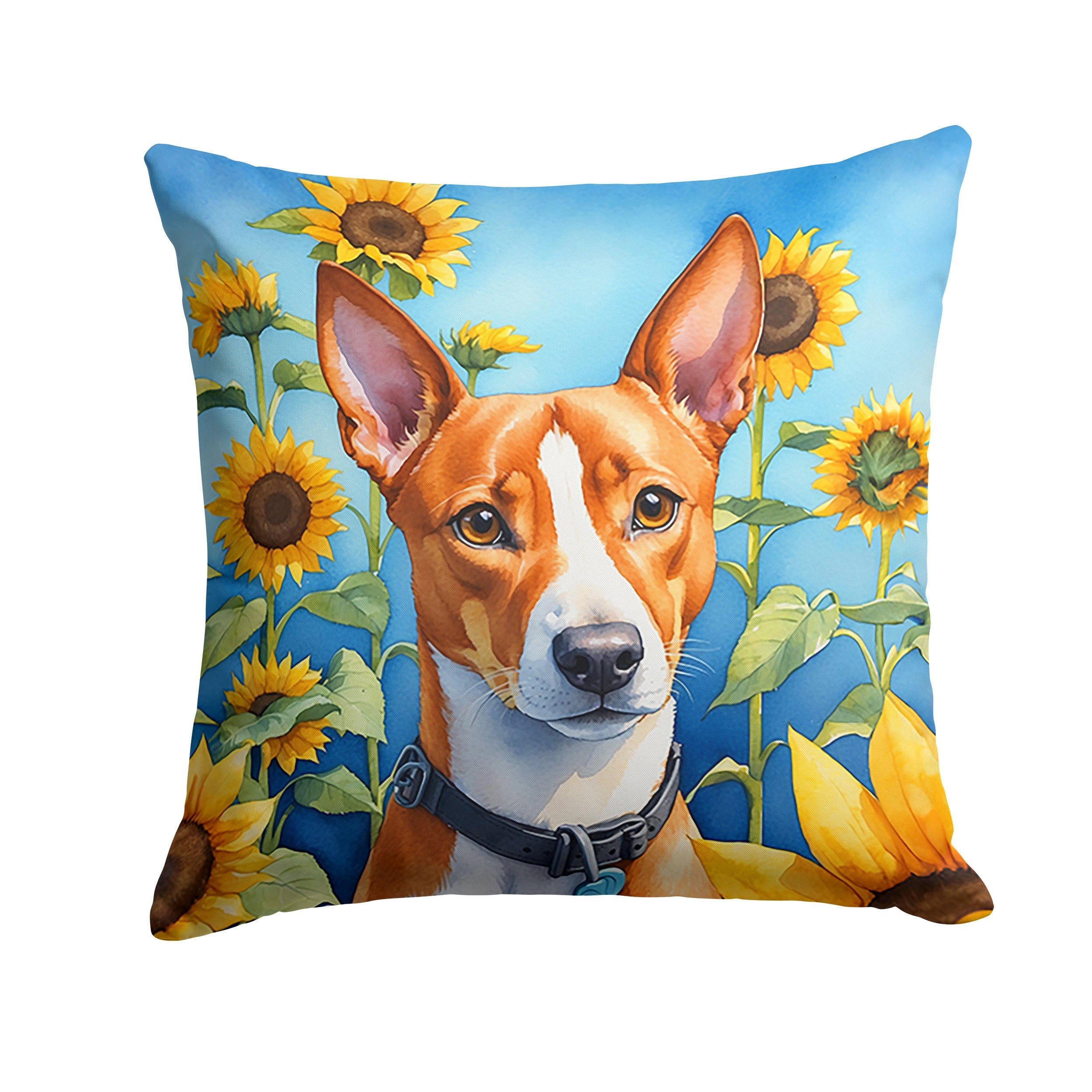 Basenji in Sunflowers Decorative Throw Pillow 18x18 Indoor Outdoor Accent Cushion, Fabric Cover with Insert for Sofa, Bed, Porch & Living Room