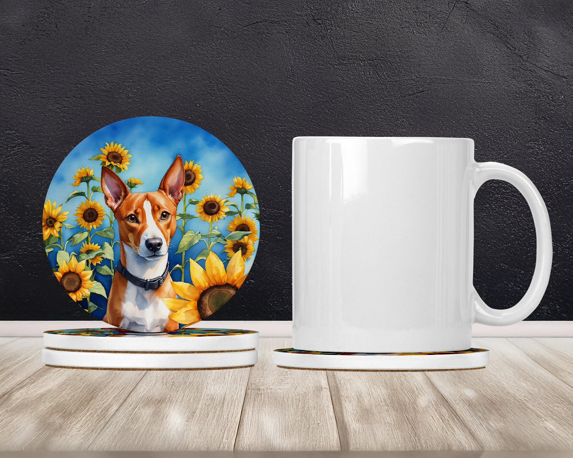 Basenji in Sunflowers Large Sandstone Coasters Pack of 4 Absorbent Round Coasters Decor Gifts for Men or Women, 4 in, Multicolor