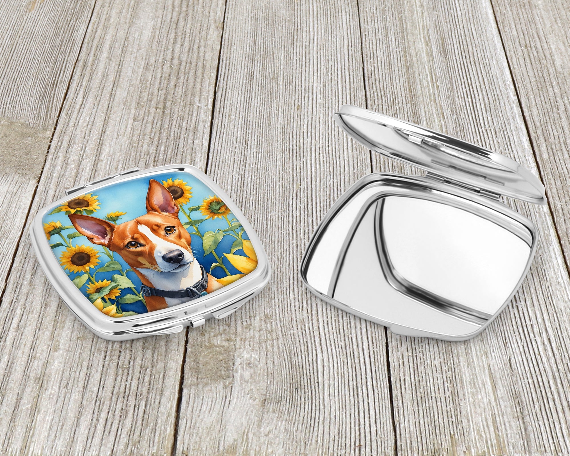 Basenji in Sunflowers Compact Mirror Decorative Travel Makeup Mirror for Women Girls Gifts Pocket Makeup Mirror Folding Handheld
