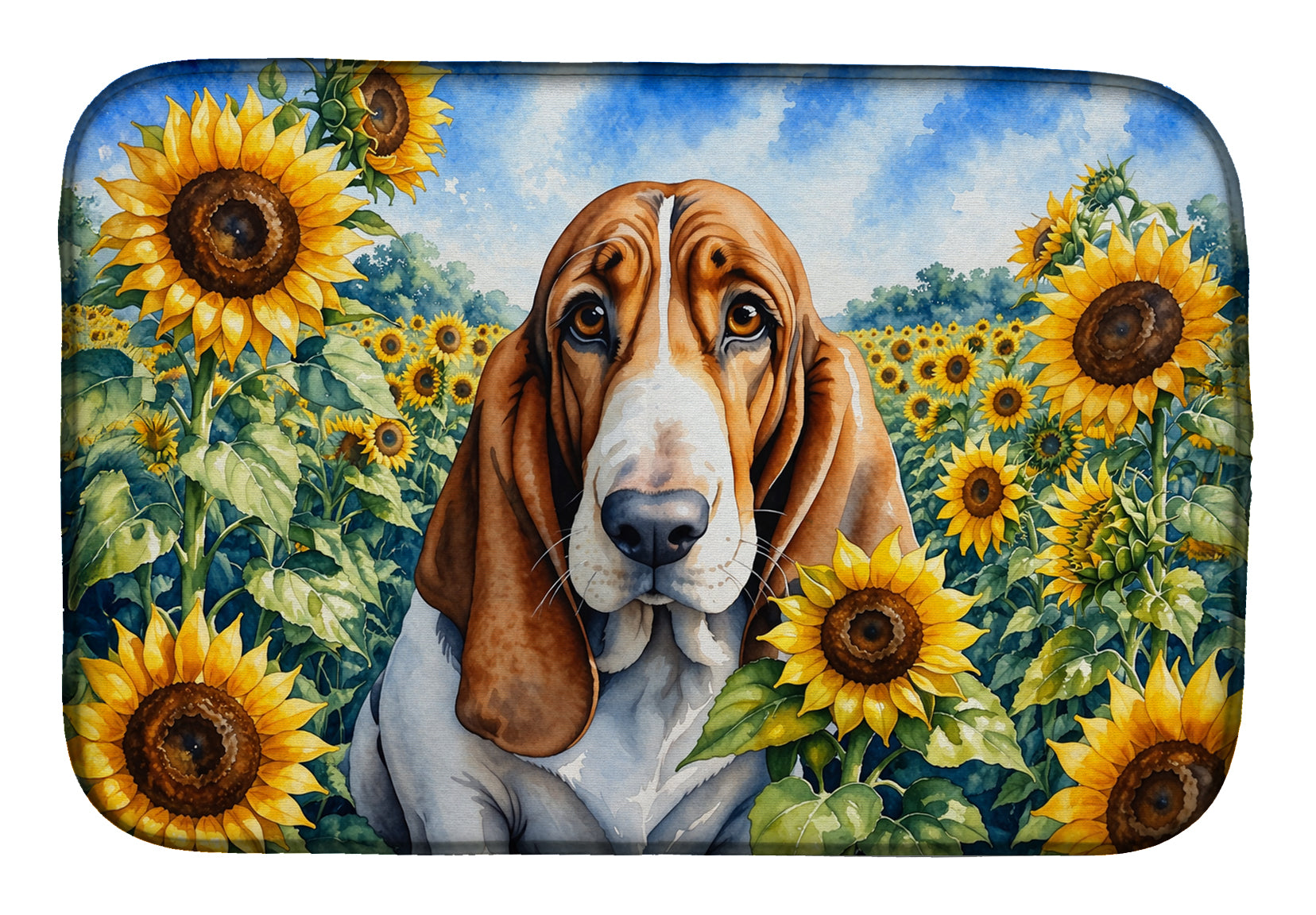 Basset Hound in Sunflowers Dish Drying Mat Absorbent Dish Drying Mat Pad for Kitchen Counter Dish Drainer Mat for Countertop, 14 x 21", Multicolor