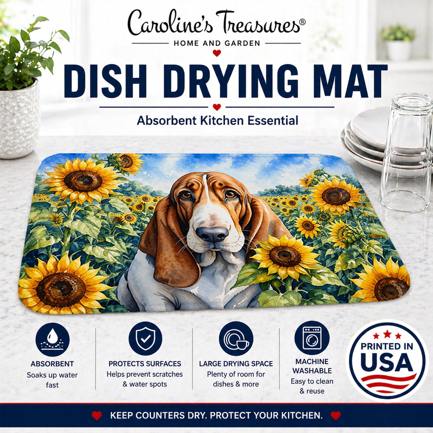 Basset Hound in Sunflowers Dish Drying Mat Absorbent Dish Drying Mat Pad for Kitchen Counter Dish Drainer Mat for Countertop, 14 x 21", Multicolor