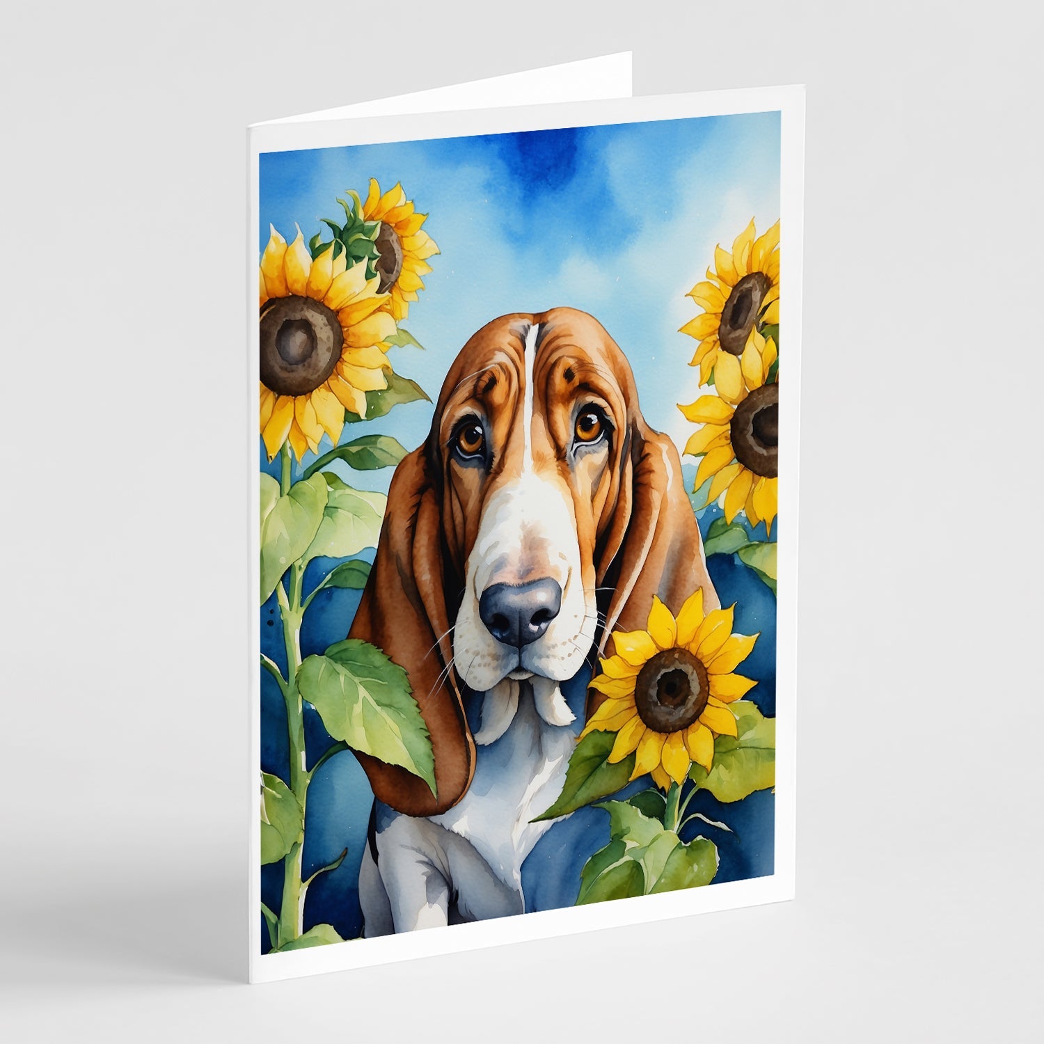 Basset Hound in Sunflowers Greeting Cards Pack of 8 Blank Cards with Envelopes Whimsical A7 Size 5x7
