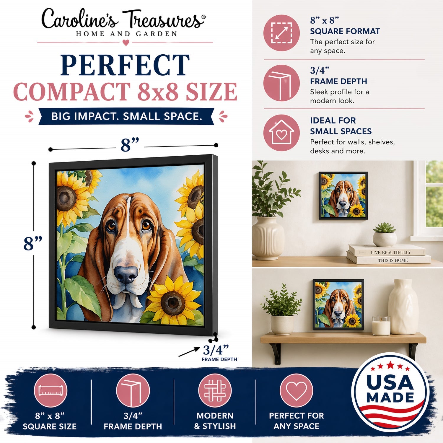 Basset Hound in Sunflowers Framed Metal Print Bathroom, Kitchen, Office, Home Decor Wall Art Ready to Hang, Square, 8X8