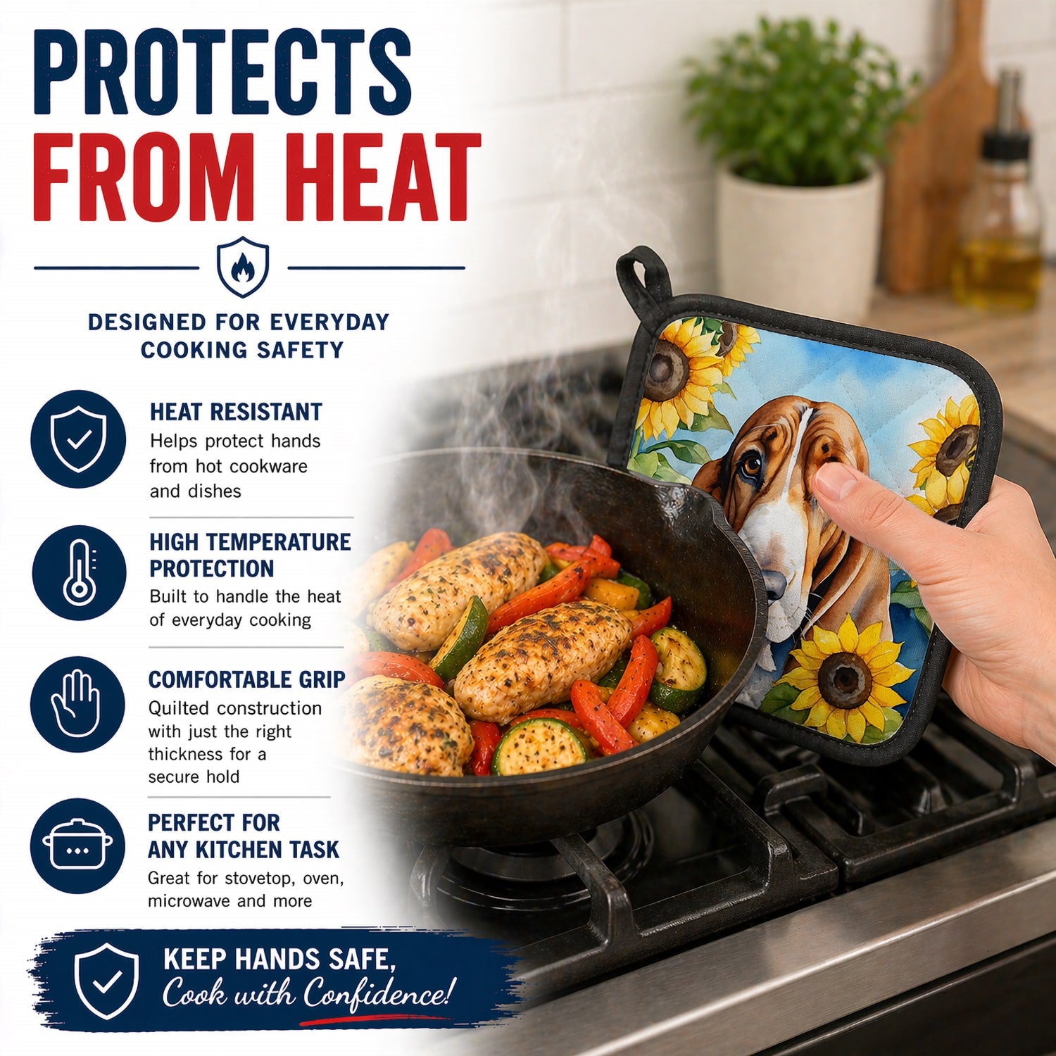 Basset Hound in Sunflowers Pot Holder Set of 2 Heat Resistant Quilted Hot Pads 7.5 x 7.5 Inch, Insulated Kitchen Trivets for Cooking & Baking