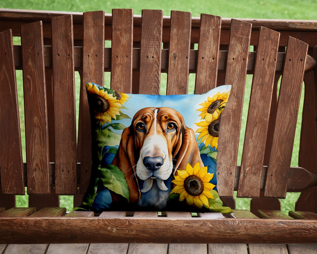 Basset Hound in Sunflowers Decorative Throw Pillow 14x14 Indoor Outdoor Accent Cushion, Fabric Cover with Insert for Sofa, Bed, Porch & Living Room