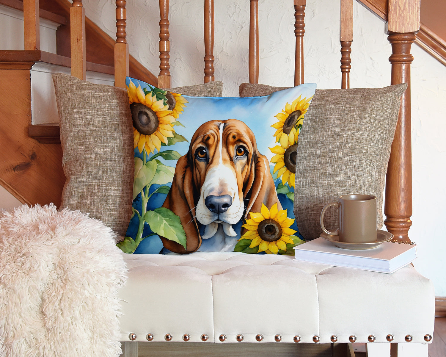 Basset Hound in Sunflowers Decorative Throw Pillow 14x14 Indoor Outdoor Accent Cushion, Fabric Cover with Insert for Sofa, Bed, Porch & Living Room