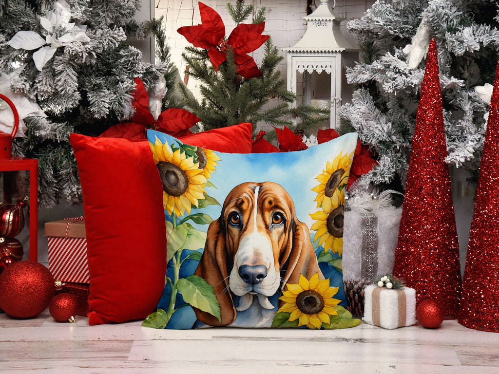 Basset Hound in Sunflowers Decorative Throw Pillow 14x14 Indoor Outdoor Accent Cushion, Fabric Cover with Insert for Sofa, Bed, Porch & Living Room