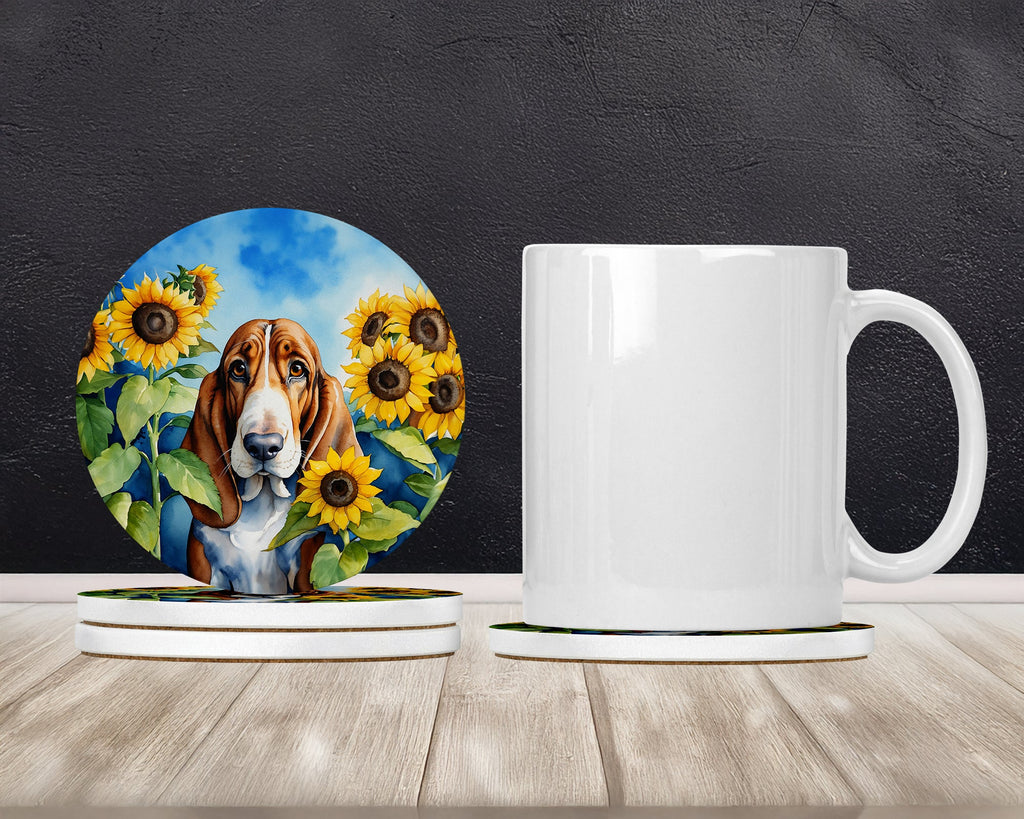 Basset Hound in Sunflowers Large Sandstone Coasters Pack of 4 Absorbent Round Coasters Decor Gifts for Men or Women, 4 in, Multicolor