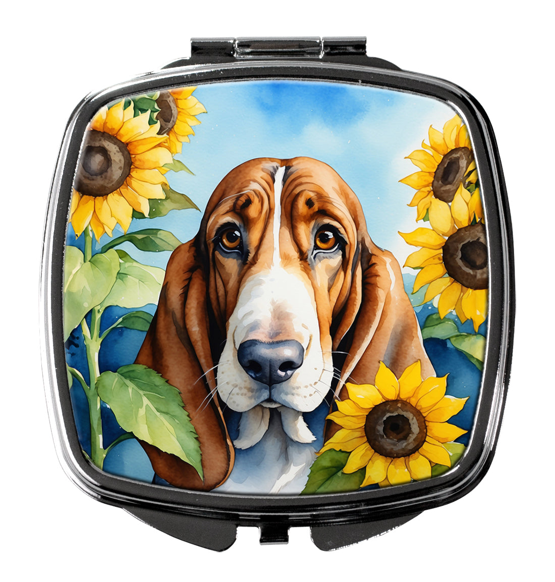 Basset Hound in Sunflowers Compact Mirror Decorative Travel Makeup Mirror for Women Girls Gifts Pocket Makeup Mirror Folding Handheld