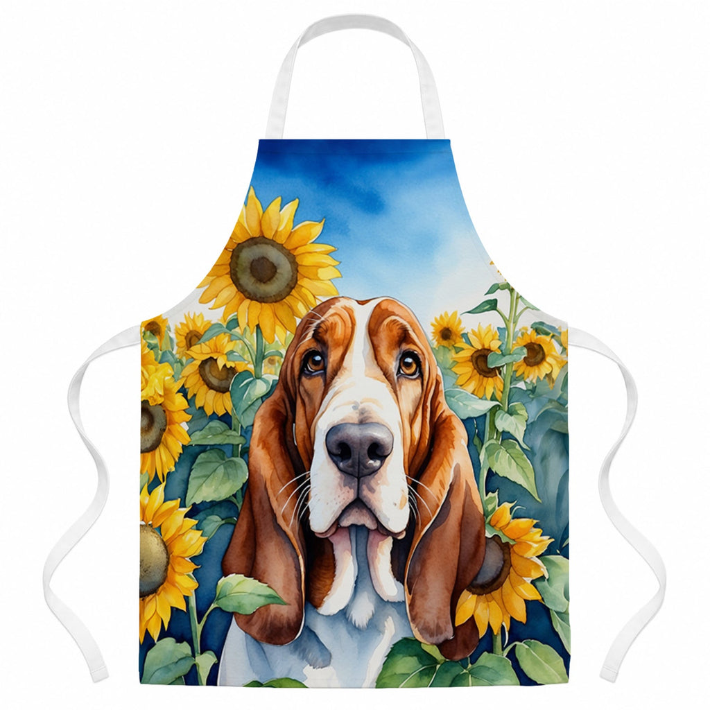 Basset Hound in Sunflowers Apron Cooking Kitchen Server Baking Crafts Gardening for Adult Women Men, Unisex, Large, Multicolor