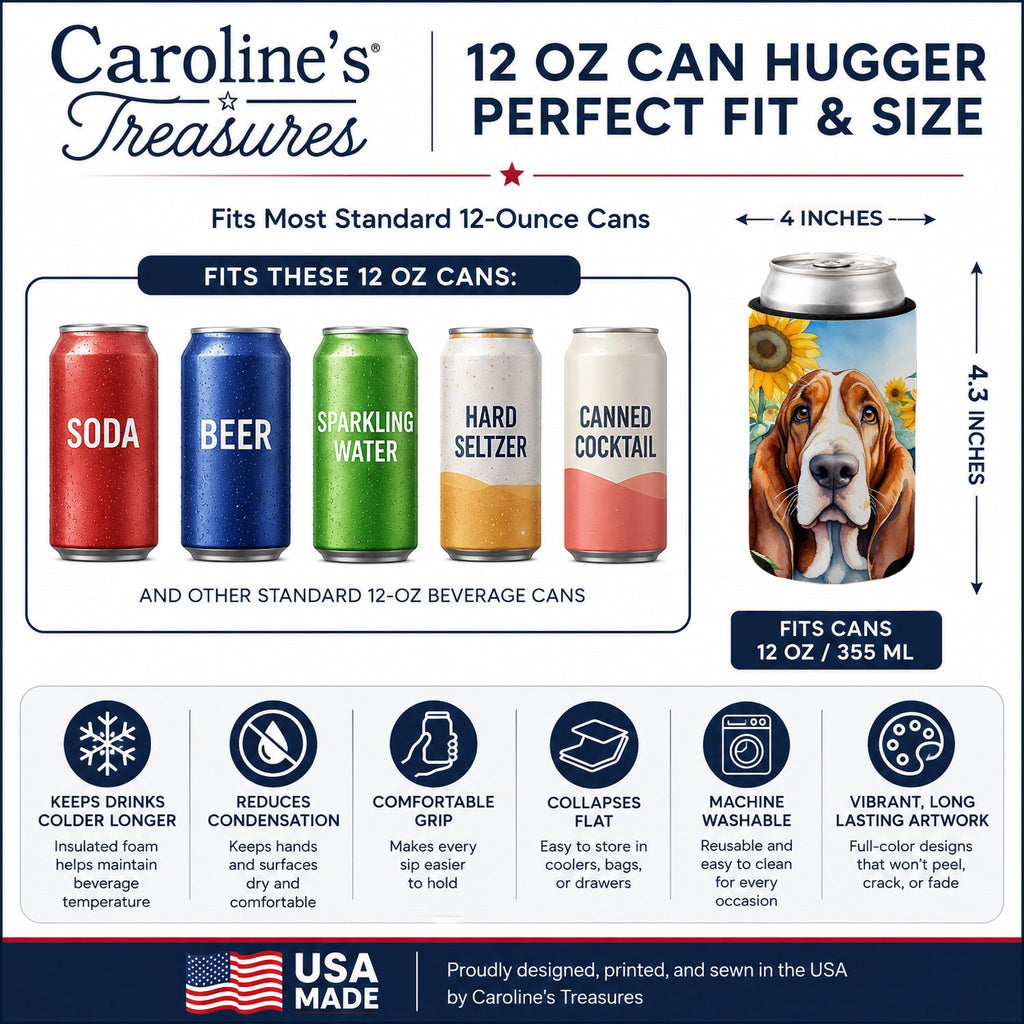 Basset Hound in Sunflowers Can or Bottle Hugger Cooler Sleeve for Standard 12 oz Cans, Insulated Foam Beer & Soda Can Hugger Reusable