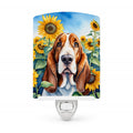Basset Hound in Sunflowers Ceramic Night Light Compact, UL-Certified, Ideal for Bedroom, Bathroom, Nursery, Hallway, Kitchen, 6x4x3, Multicolor