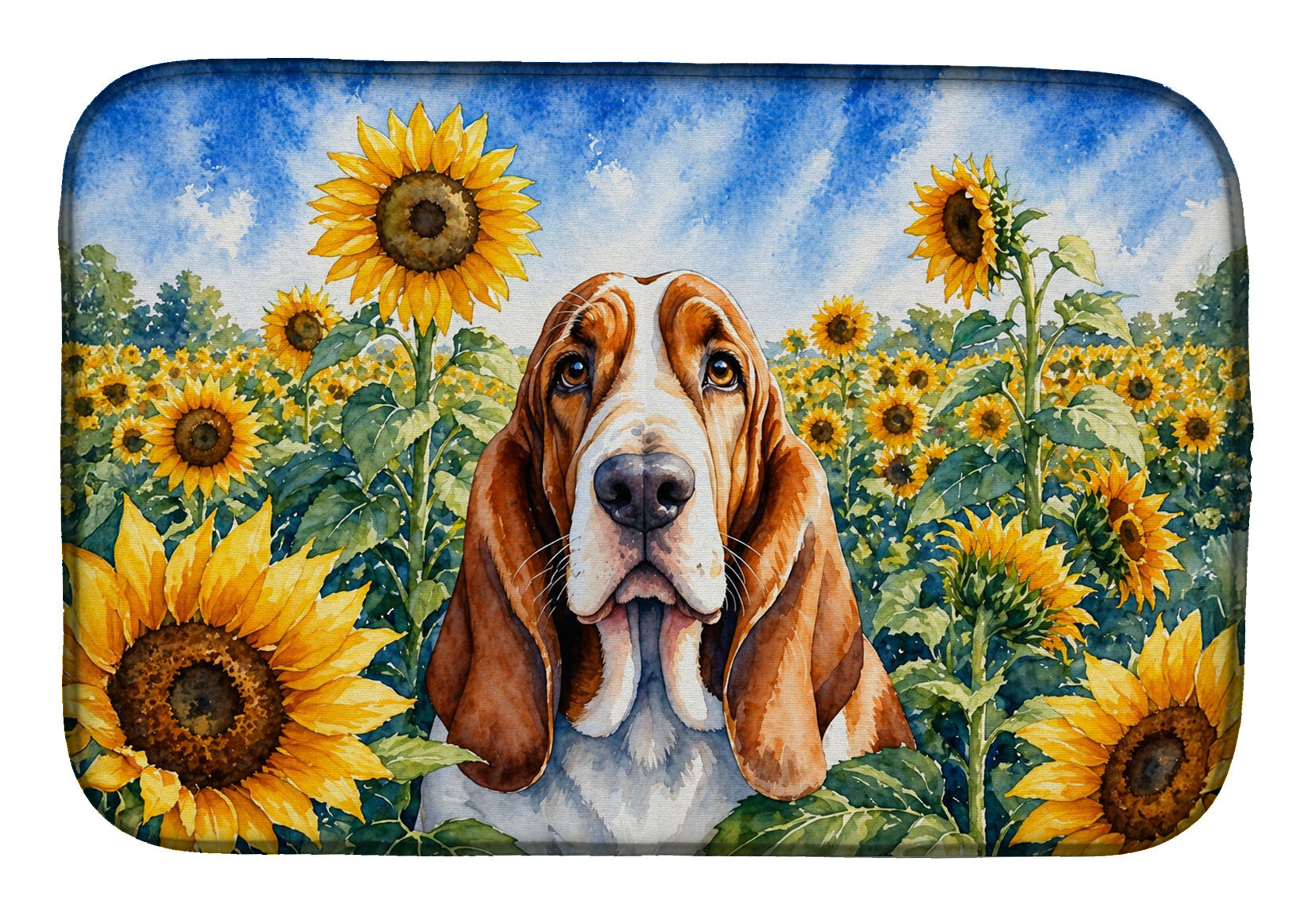 Basset Hound in Sunflowers Dish Drying Mat Absorbent Dish Drying Mat Pad for Kitchen Counter Dish Drainer Mat for Countertop, 14 x 21", Multicolor