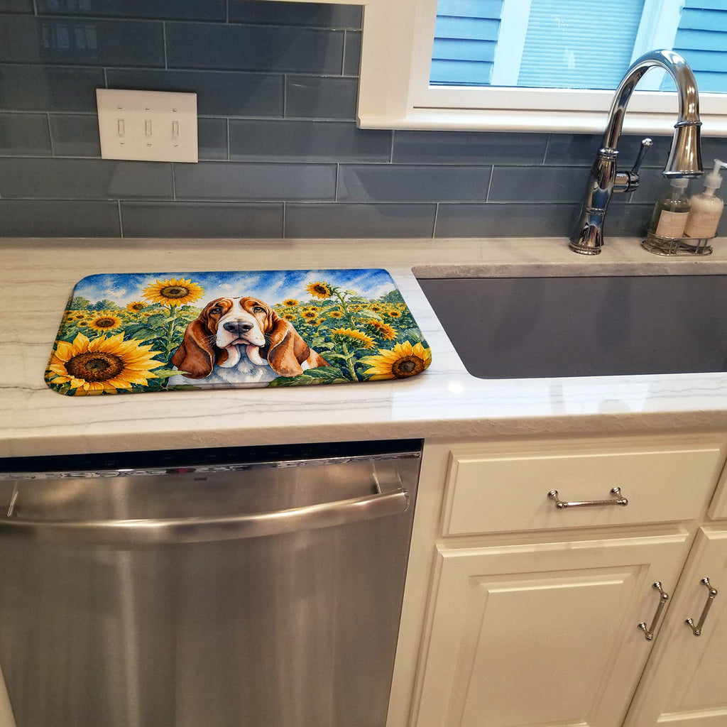 Basset Hound in Sunflowers Dish Drying Mat Absorbent Dish Drying Mat Pad for Kitchen Counter Dish Drainer Mat for Countertop, 14 x 21", Multicolor