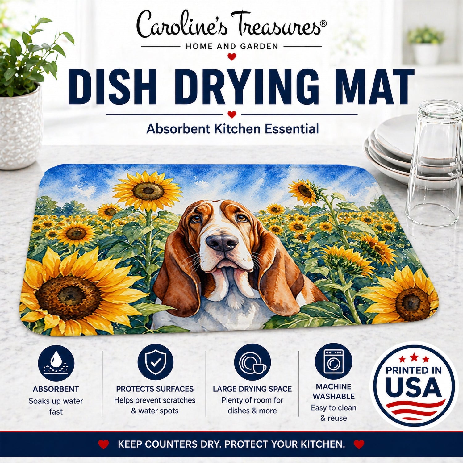 Basset Hound in Sunflowers Dish Drying Mat Absorbent Dish Drying Mat Pad for Kitchen Counter Dish Drainer Mat for Countertop, 14 x 21", Multicolor