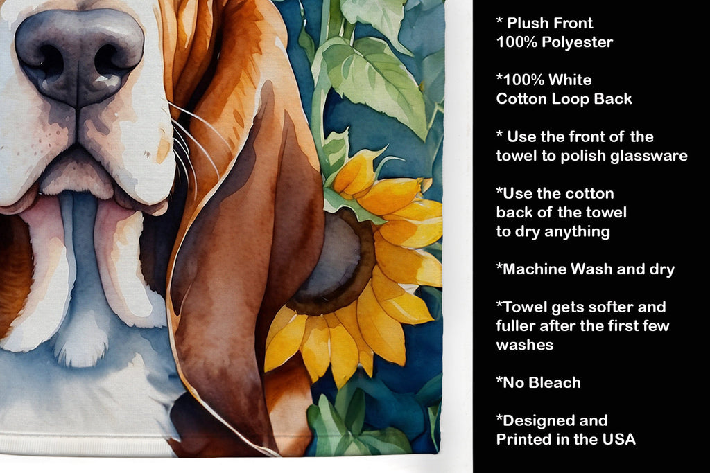 Basset Hound in Sunflowers Kitchen Towel Velour Plush Front and Cotton Loop Back Machine Washable