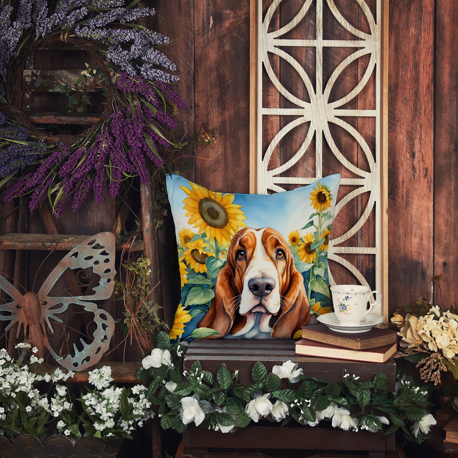 Basset Hound in Sunflowers Decorative Throw Pillow 14x14 Indoor Outdoor Accent Cushion, Fabric Cover with Insert for Sofa, Bed, Porch & Living Room