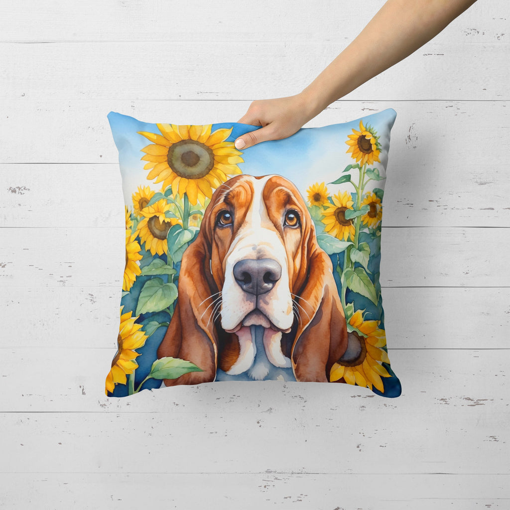 Basset Hound in Sunflowers Decorative Throw Pillow 18x18 Indoor Outdoor Accent Cushion, Fabric Cover with Insert for Sofa, Bed, Porch & Living Room