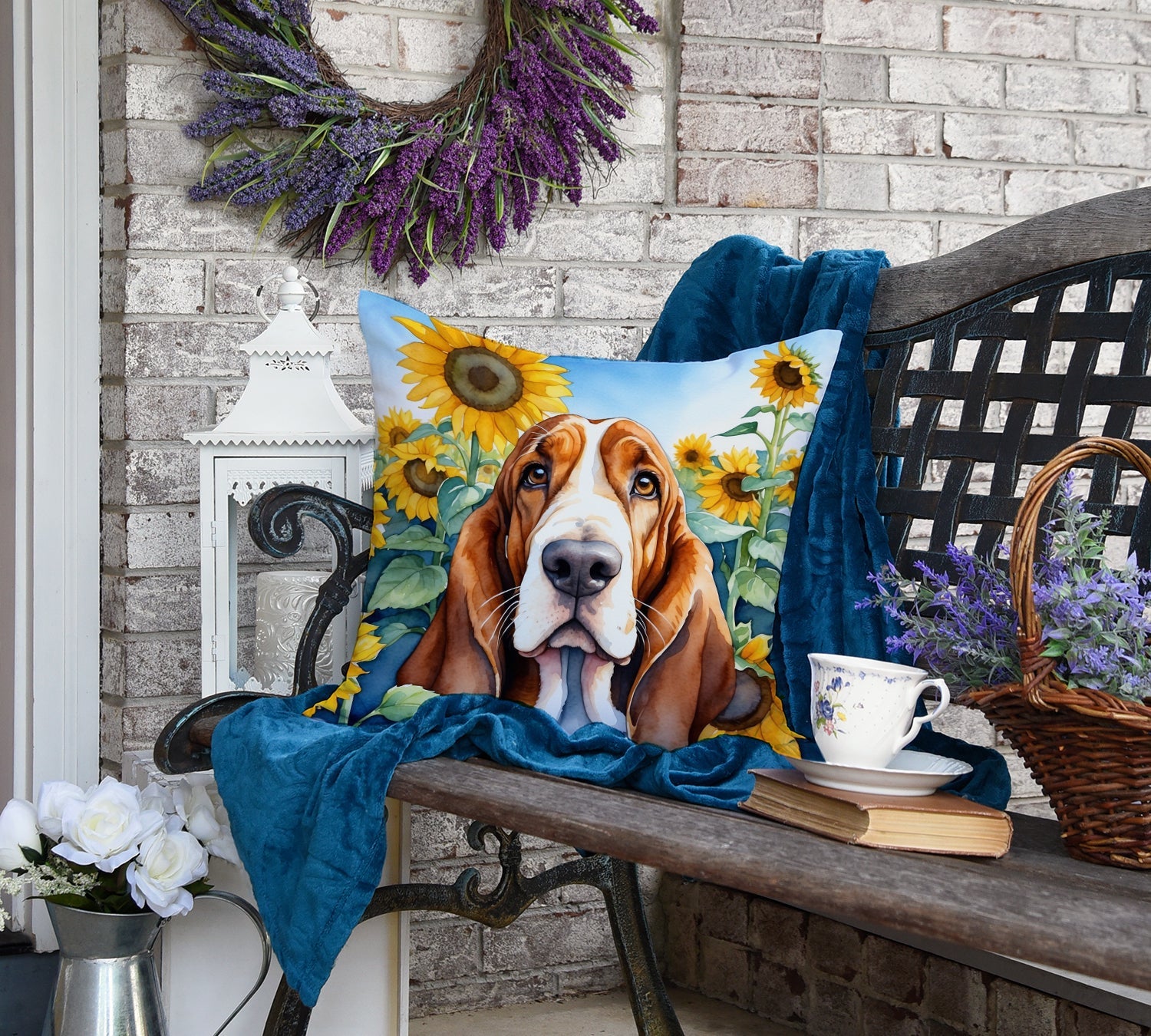 Basset Hound in Sunflowers Decorative Throw Pillow 18x18 Indoor Outdoor Accent Cushion, Fabric Cover with Insert for Sofa, Bed, Porch & Living Room