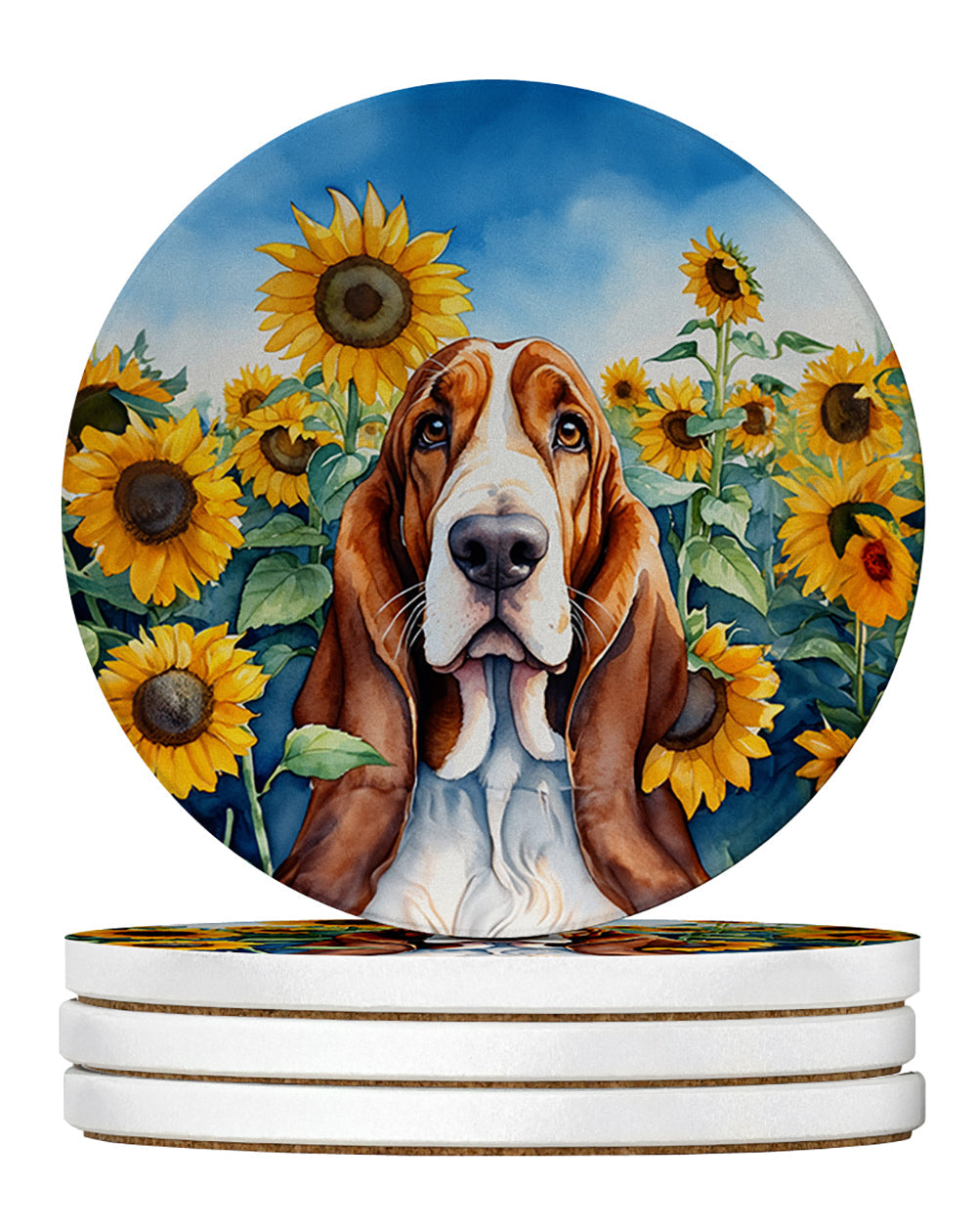 Basset Hound in Sunflowers Large Sandstone Coasters Pack of 4 Absorbent Round Coasters Decor Gifts for Men or Women, 4 in, Multicolor