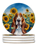 Basset Hound in Sunflowers Large Sandstone Coasters Pack of 4 Absorbent Round Coasters Decor Gifts for Men or Women, 4 in, Multicolor