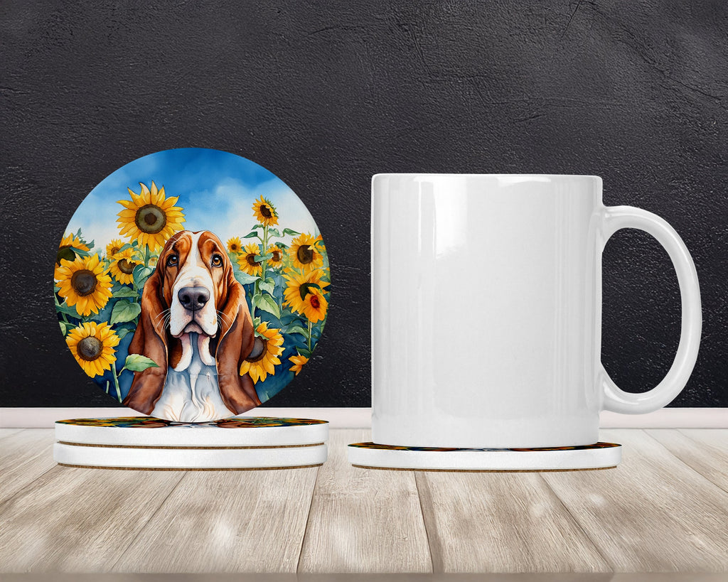 Basset Hound in Sunflowers Large Sandstone Coasters Pack of 4 Absorbent Round Coasters Decor Gifts for Men or Women, 4 in, Multicolor