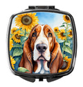 Basset Hound in Sunflowers Compact Mirror Decorative Travel Makeup Mirror for Women Girls Gifts Pocket Makeup Mirror Folding Handheld