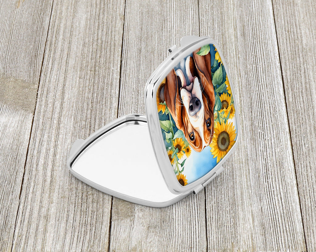 Basset Hound in Sunflowers Compact Mirror Decorative Travel Makeup Mirror for Women Girls Gifts Pocket Makeup Mirror Folding Handheld